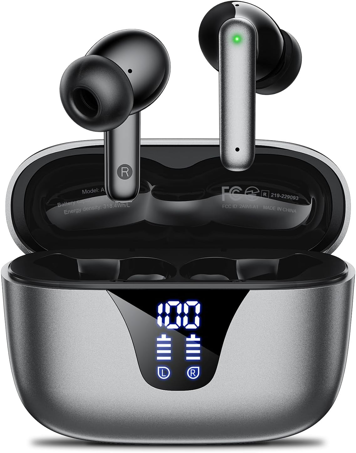 Wireless Earbuds Bluetooth Headphones, 50H Playtime Ear Buds with Mic, LED Digital Display Charging Case, IPX7 Waterproof, Deep Bass Stereo, In-Ear Earphone for Iphone Andriod Phone - Steel
