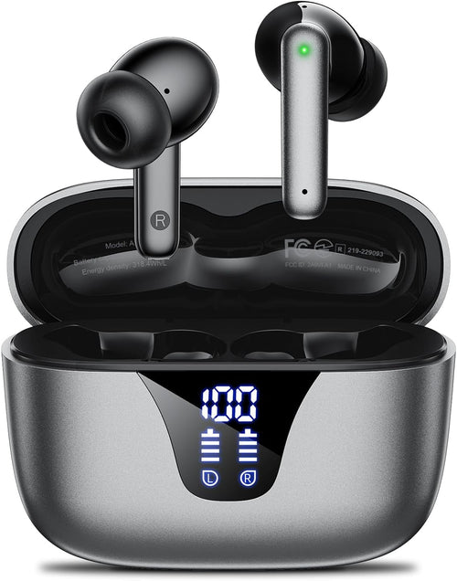 Wireless Earbuds Bluetooth Headphones, 50H Playtime Ear Buds with Mic, LED Digital Display Charging Case, IPX7 Waterproof, Deep Bass Stereo, In-Ear Earphone for Iphone Andriod Phone - Steel