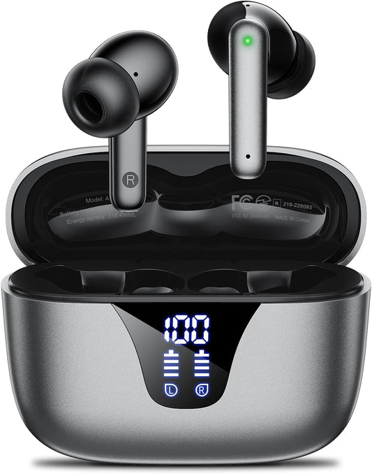Wireless Earbuds Bluetooth Headphones, 50H Playtime Ear Buds with Mic, LED Digital Display Charging Case, IPX7 Waterproof, Deep Bass Stereo, In-Ear Earphone for Iphone Andriod Phone - Steel