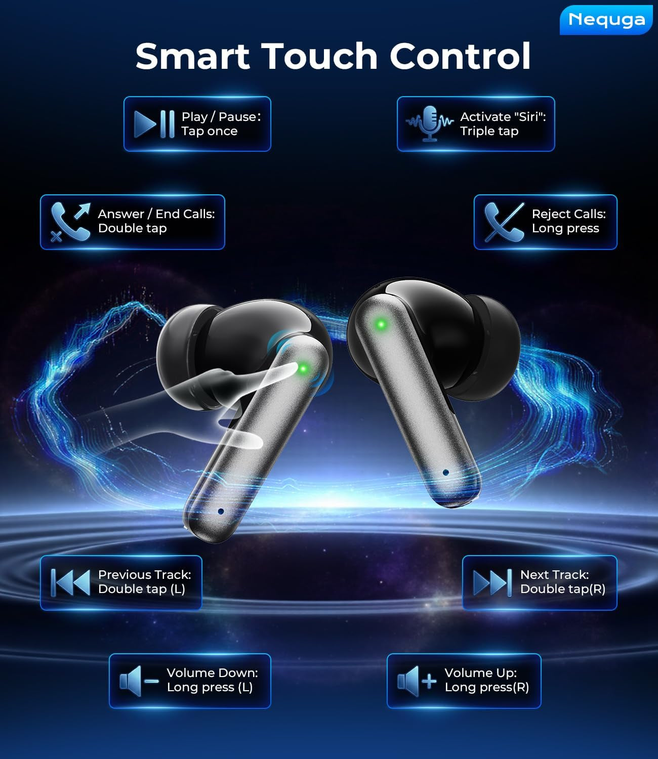 Wireless Earbuds Bluetooth Headphones, 50H Playtime Ear Buds with Mic, LED Digital Display Charging Case, IPX7 Waterproof, Deep Bass Stereo, In-Ear Earphone for Iphone Andriod Phone - Steel