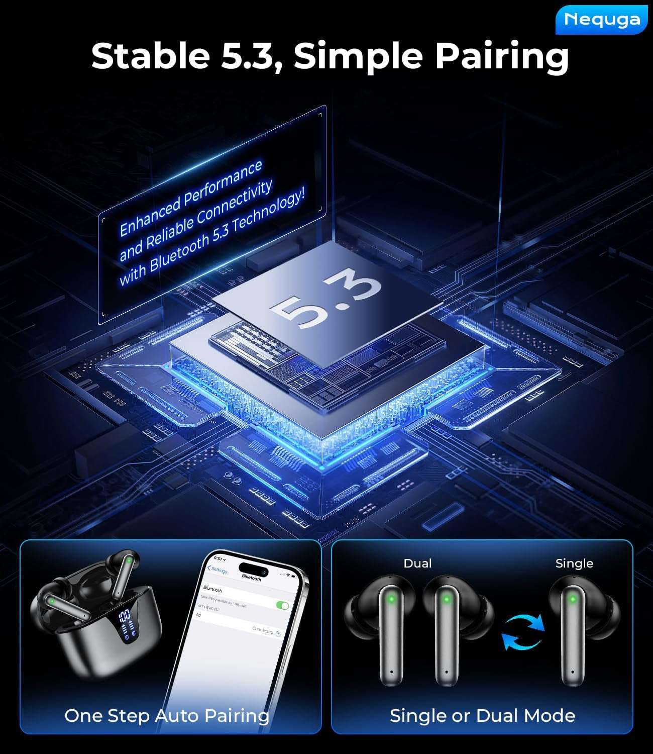Wireless Earbuds Bluetooth Headphones, 50H Playtime Ear Buds with Mic, LED Digital Display Charging Case, IPX7 Waterproof, Deep Bass Stereo, In-Ear Earphone for Iphone Andriod Phone - Steel