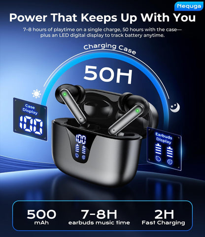 Wireless Earbuds Bluetooth Headphones, 50H Playtime Ear Buds with Mic, LED Digital Display Charging Case, IPX7 Waterproof, Deep Bass Stereo, In-Ear Earphone for Iphone Andriod Phone - Steel