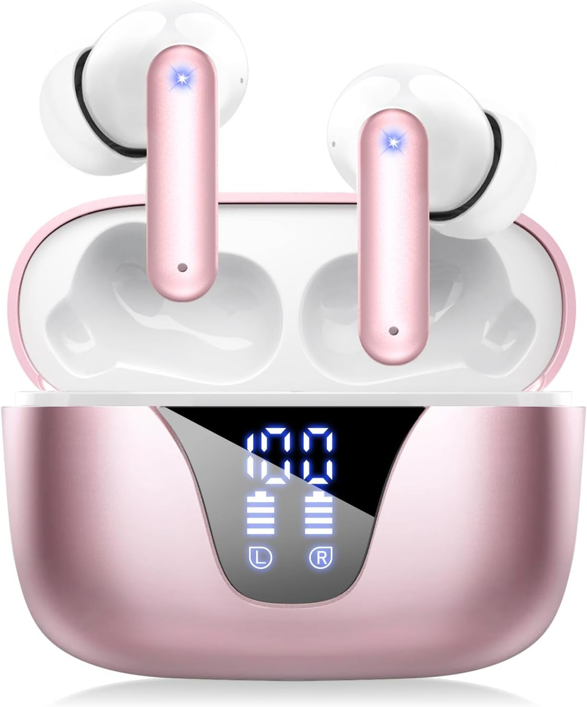 Wireless Earbuds Bluetooth Headphones, 50H Playtime Ear Buds with Mic, LED Digital Display Charging Case, IPX7 Waterproof, Deep Bass Stereo, In-Ear Earphone for Iphone Andriod Phone - Steel