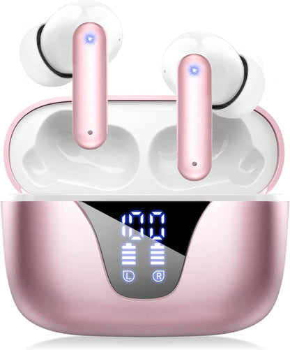 Wireless Earbuds Bluetooth Headphones, 50H Playtime Ear Buds with Mic, LED Digital Display Charging Case, IPX7 Waterproof, Deep Bass Stereo, In-Ear Earphone for Iphone Andriod Phone - Steel
